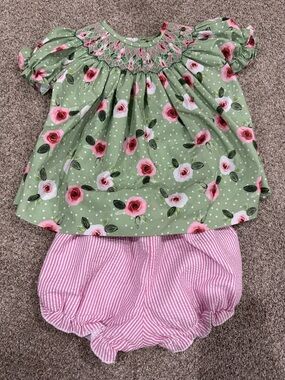 Green Floral Smocked Baby Set with Pink Striped Bloomers